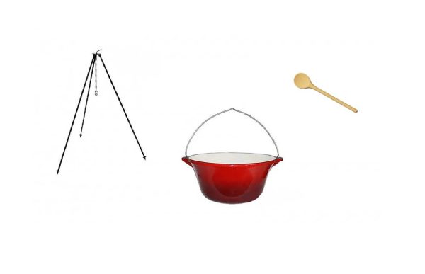 Set ceaun fonta emailata 15lit. cu suport 1,2m si lingura de lemn 40cm