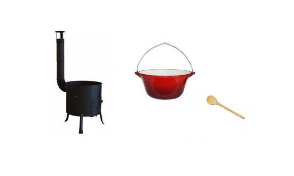 Set ceaun fonta emailat 15lit. cu soba 36cm si lingura de lemn 40cm