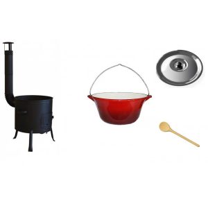 Set ceaun fonta emailat 10,8lit. cu soba 31cm, lingura de lemn 40cm si capac