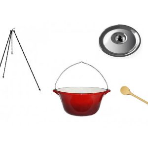 Set ceaun fonta emailata 10,8lit. cu suport 1,2m, lingura de lemn 40cm si capac