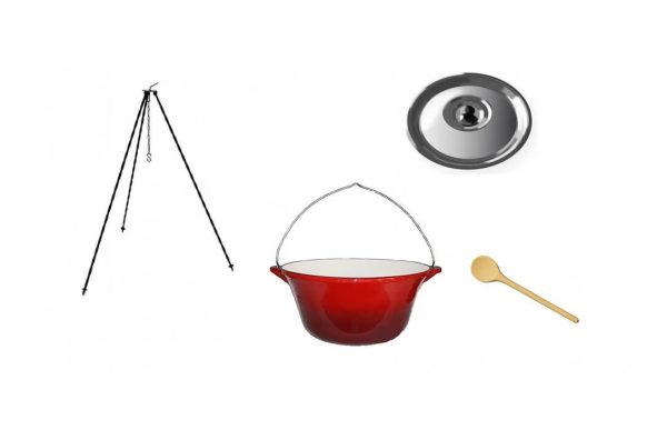 Set ceaun fonta emailata 10,8lit. cu suport 1,2m, lingura de lemn 40cm si capac