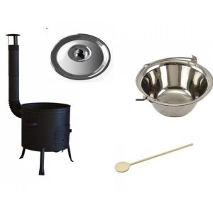 Set ceaun inox 10lit. tip gros cu soba 36cm, lingura de lemn 40cm si capac