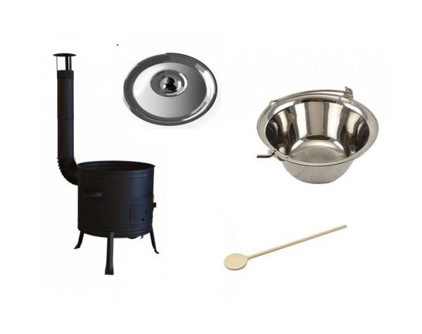 Set ceaun inox 15lit. tip gros cu soba 36cm, lingura de lemn 40cm si capac