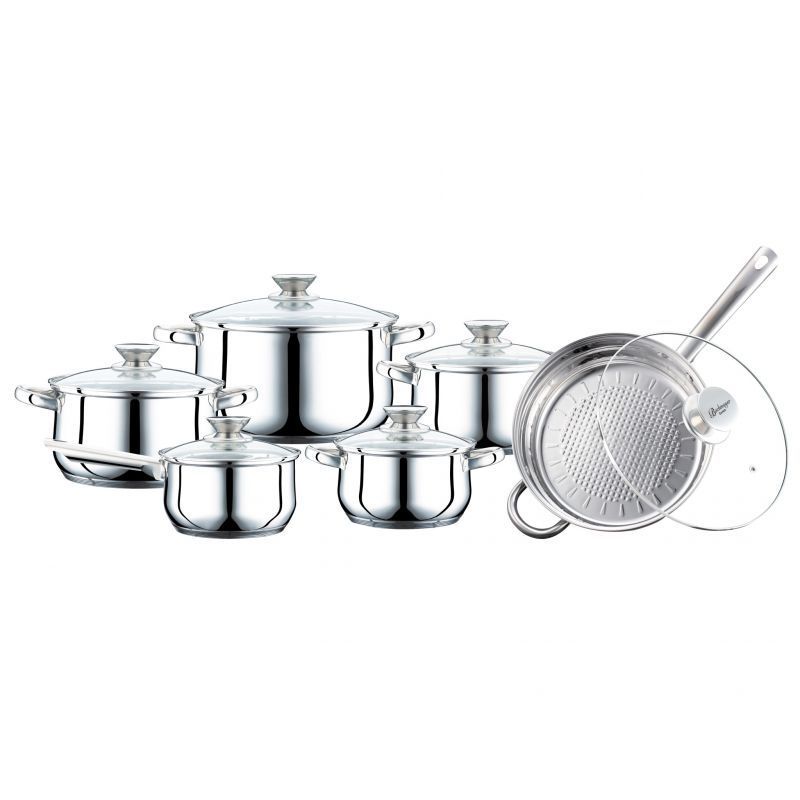 Set de gatit inox cu capac sticla 12buc.