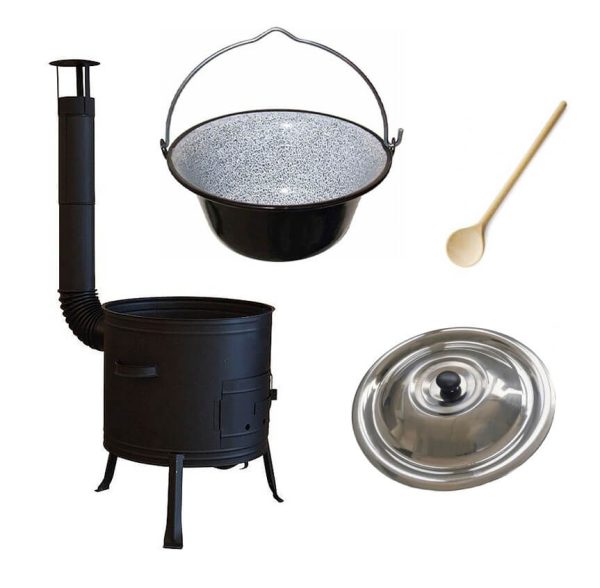 Set ceaun emailat 13lit. cu soba 36cm, lingura de lemn 40cm si capac