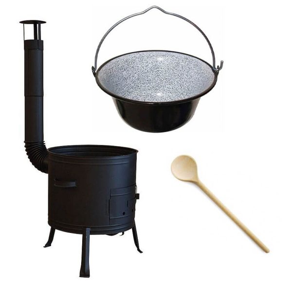 Set ceaun emailat 10lit. cu soba 31cm si lingura de lemn 40cm