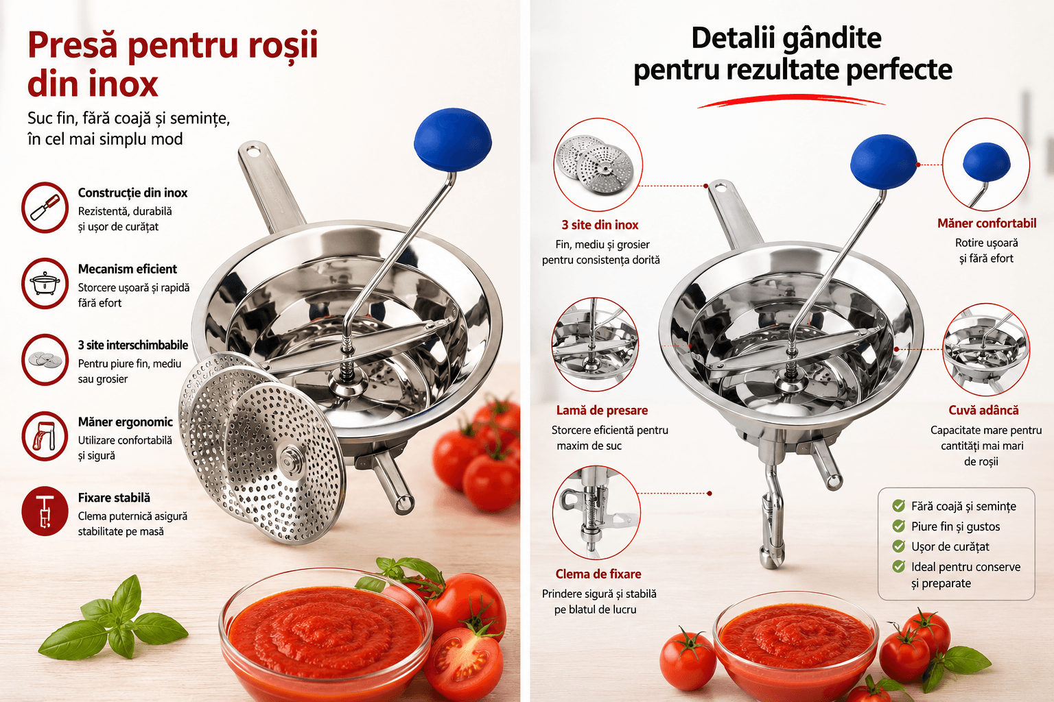 Presă / pasator inox pentru pește și roșii, 24 cm, cu 3 site – Emanuel