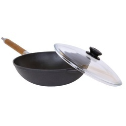 Wok din fonta cu maner lemn detasabil si capac sticla 26cm