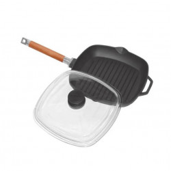 Tigaie-grill fonta cu maner lemn detasabil si capac sticla 28*28cm