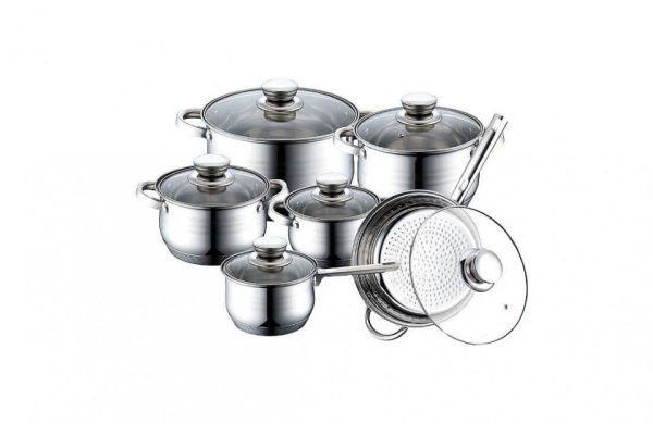 Set de gatit inox cu capac sticla 12buc.