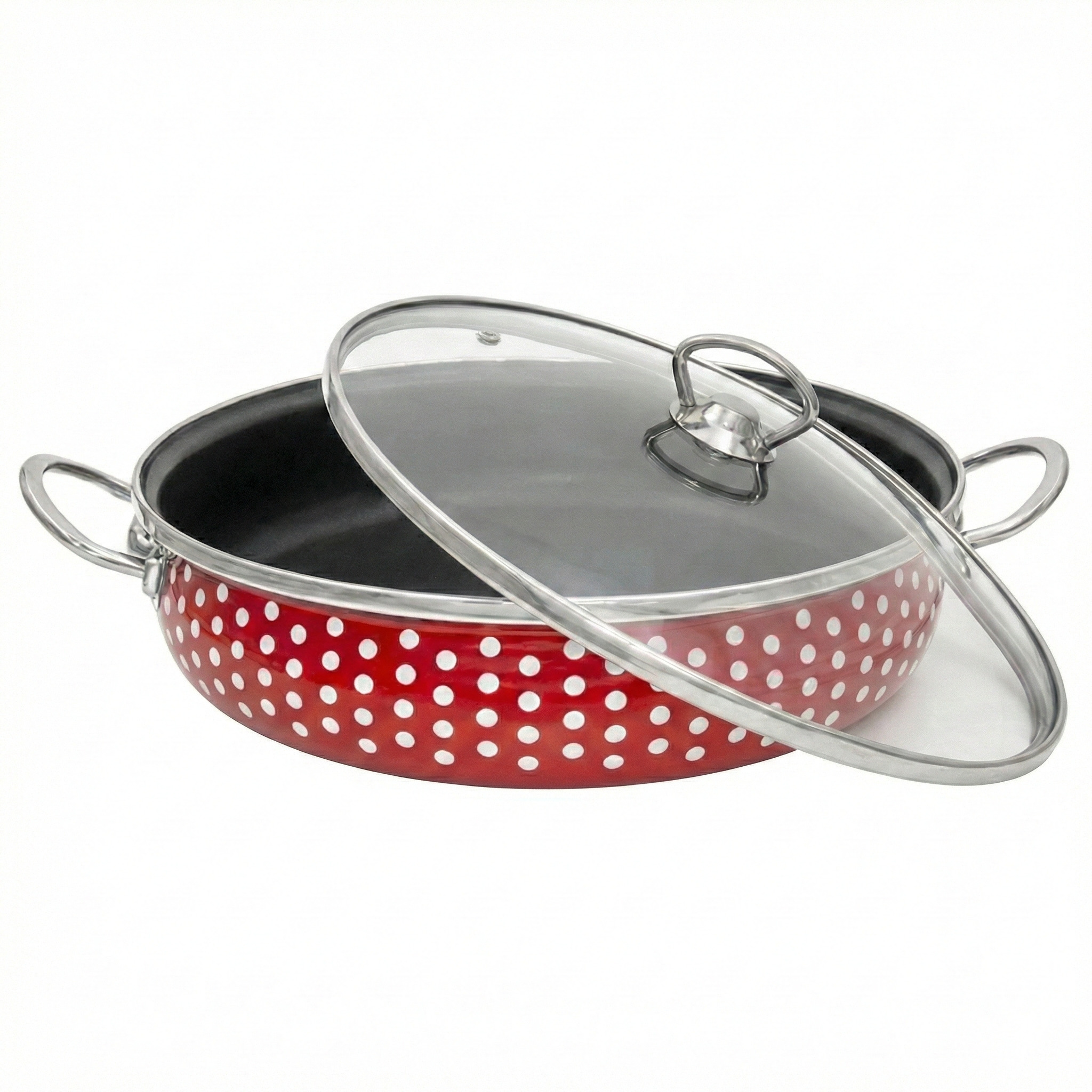 Oală tip tigaie emailată cu buline, cu strat antiaderent și capac din sticlă – 26 cm, 2 L