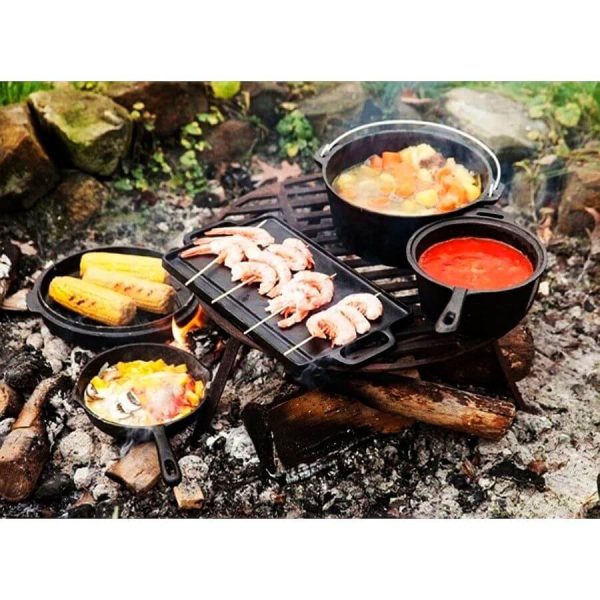 Set gratar BBQ de camping din fonta in cutie de lemn 6+1piese - imagine 3