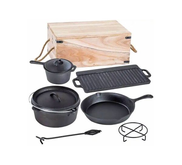 Set gratar BBQ de camping din fonta in cutie de lemn 6+1piese - imagine 4