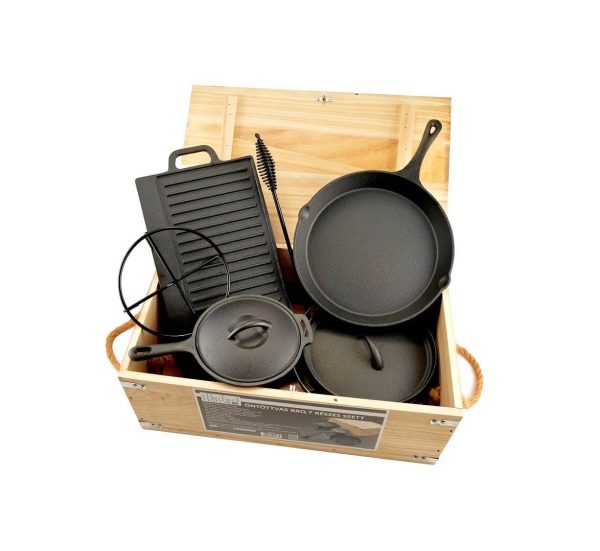 Set gratar BBQ de camping din fonta in cutie de lemn 6+1piese