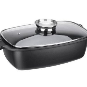 Tavă Royalty Line antiaderentă, cu înveliș de marmură și capac de sticlă, 32cm