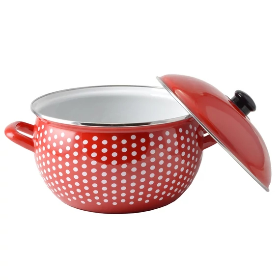 Oală emailată cu capac, roșie cu buline – 22 cm, 4,8 L