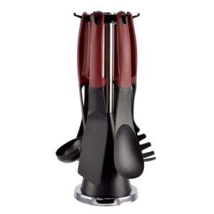 Set ustensile de bucătărie din plastic, cu mâner din silicon, 6 piese + suport