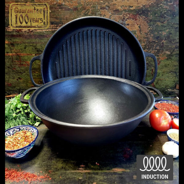 Wok din fontă, ceaun din fontă cu capac de grătar din fontă, 8 litri, 34 cm