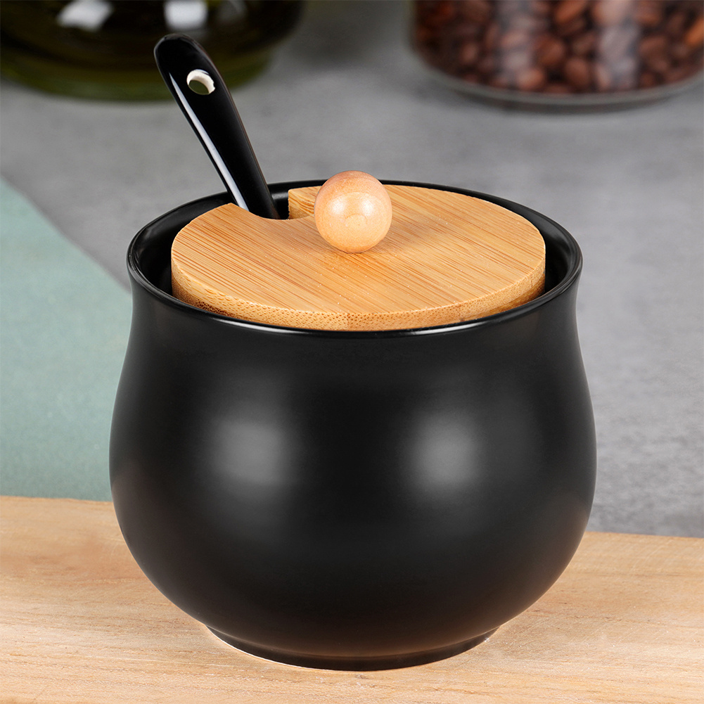 Bol pentru zahăr din ceramică si bambus negru 9x9cm - 250ml