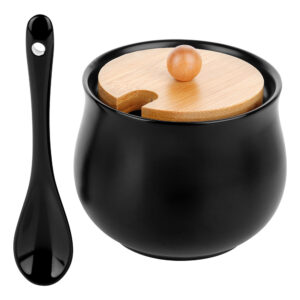 Bol pentru zahăr din ceramică si bambus negru 9x9cm - 250ml