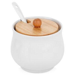 Bol pentru zahăr din ceramică si bambus alb 9x9cm - 250ml