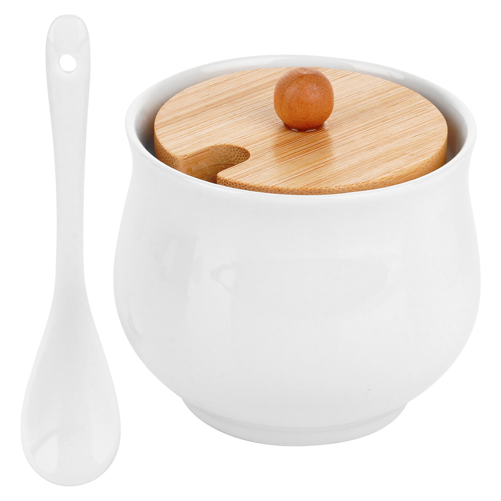 Bol pentru zahăr din ceramică si bambus alb 9x9cm - 250ml