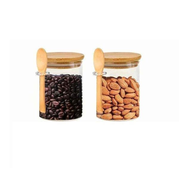 Set premium 2 recipiente din sticlă borosilicată cu capac din bambus și linguriță – 550 ml