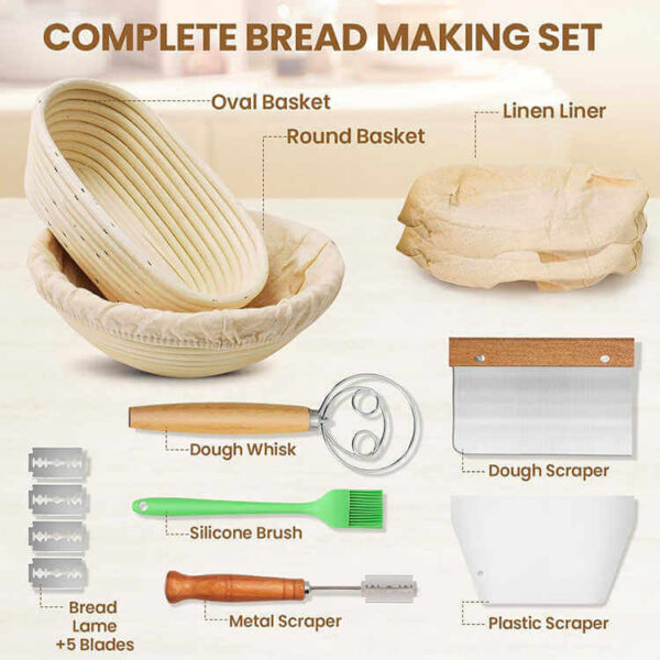 Set de 2 coșuri rotang pentru dospit pâine – coș rotund de 22,9 cm și coș oval de 25,4 cm cu căptușeală din in, racletă pentru aluat, lamă de tăiat și pensulă de silicon pentru copt - imagine 4