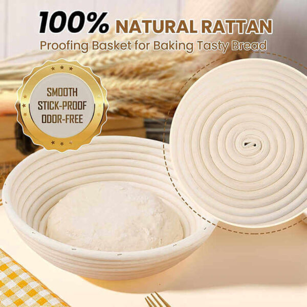 Set de 2 coșuri rotang pentru dospit pâine – coș rotund de 22,9 cm și coș oval de 25,4 cm cu căptușeală din in, racletă pentru aluat, lamă de tăiat și pensulă de silicon pentru copt - imagine 3
