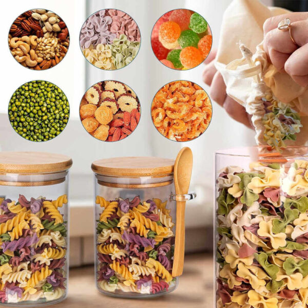 Set premium 2 recipiente din sticlă borosilicată cu capac din bambus și linguriță – 550 ml - imagine 5