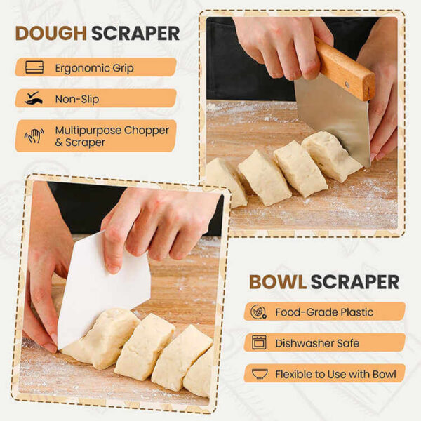 Set de 2 coșuri rotang pentru dospit pâine – coș rotund de 22,9 cm și coș oval de 25,4 cm cu căptușeală din in, racletă pentru aluat, lamă de tăiat și pensulă de silicon pentru copt - imagine 2
