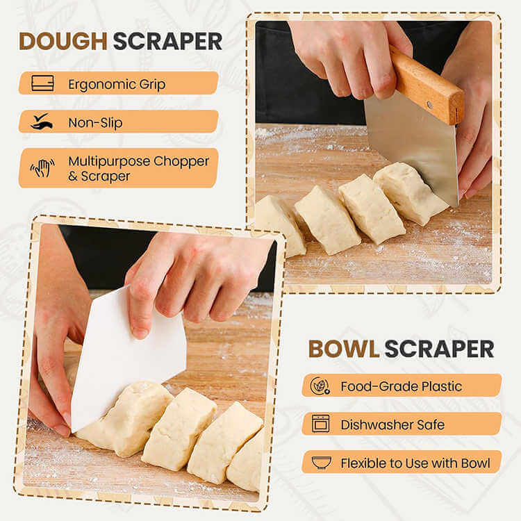 Set de 2 coșuri rotang pentru dospit pâine – coș rotund de 22,9 cm și coș oval de 25,4 cm cu căptușeală din in, racletă pentru aluat, lamă de tăiat și pensulă de silicon pentru copt