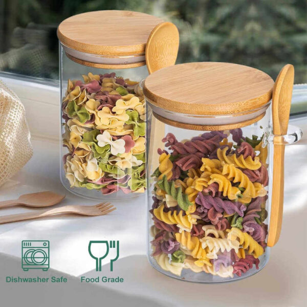 Set premium 2 recipiente din sticlă borosilicată cu capac din bambus și linguriță – 550 ml - imagine 4