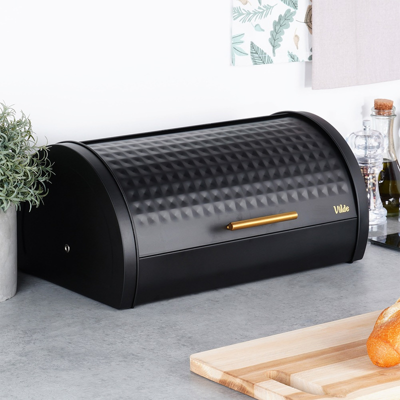 Cutia pentru pâine din metal negru, cu mâner auriu 38×28,5×18 cm