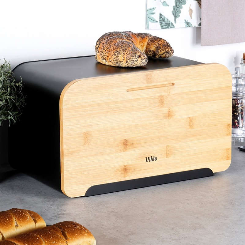 Cutia pentru pâine din metal cu capac din bambus neagră, 35×22×20,5 cm