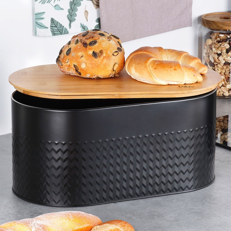 Cutia pentru pâine din metal negru cu capac din lemn 34×18,5×15,5 cm