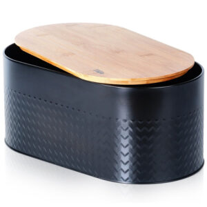 Cutia pentru pâine din metal negru cu capac din lemn 34×18,5×15,5 cm