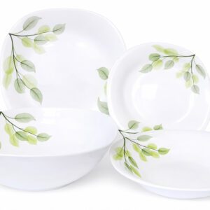 Set de masă OPAL din porțelan, pătrat – 19 piese, model frunze verzi
