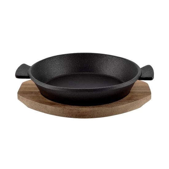 Tavă rotundă din fontă cu suport din lemn 19 cm