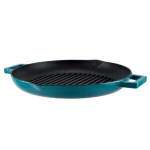 Tigaie grill din fontă emailată 31 cm, cu cioc, turcoaz