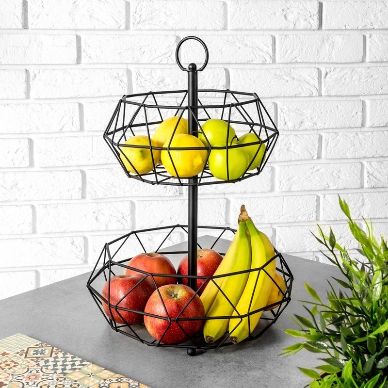 Coș pentru fructe metalic, 2 nivele, negru – 32 cm