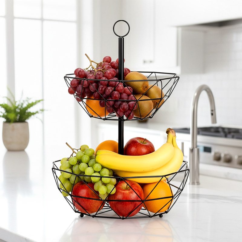 Coș pentru fructe metalic, 2 nivele, negru – 30 cm